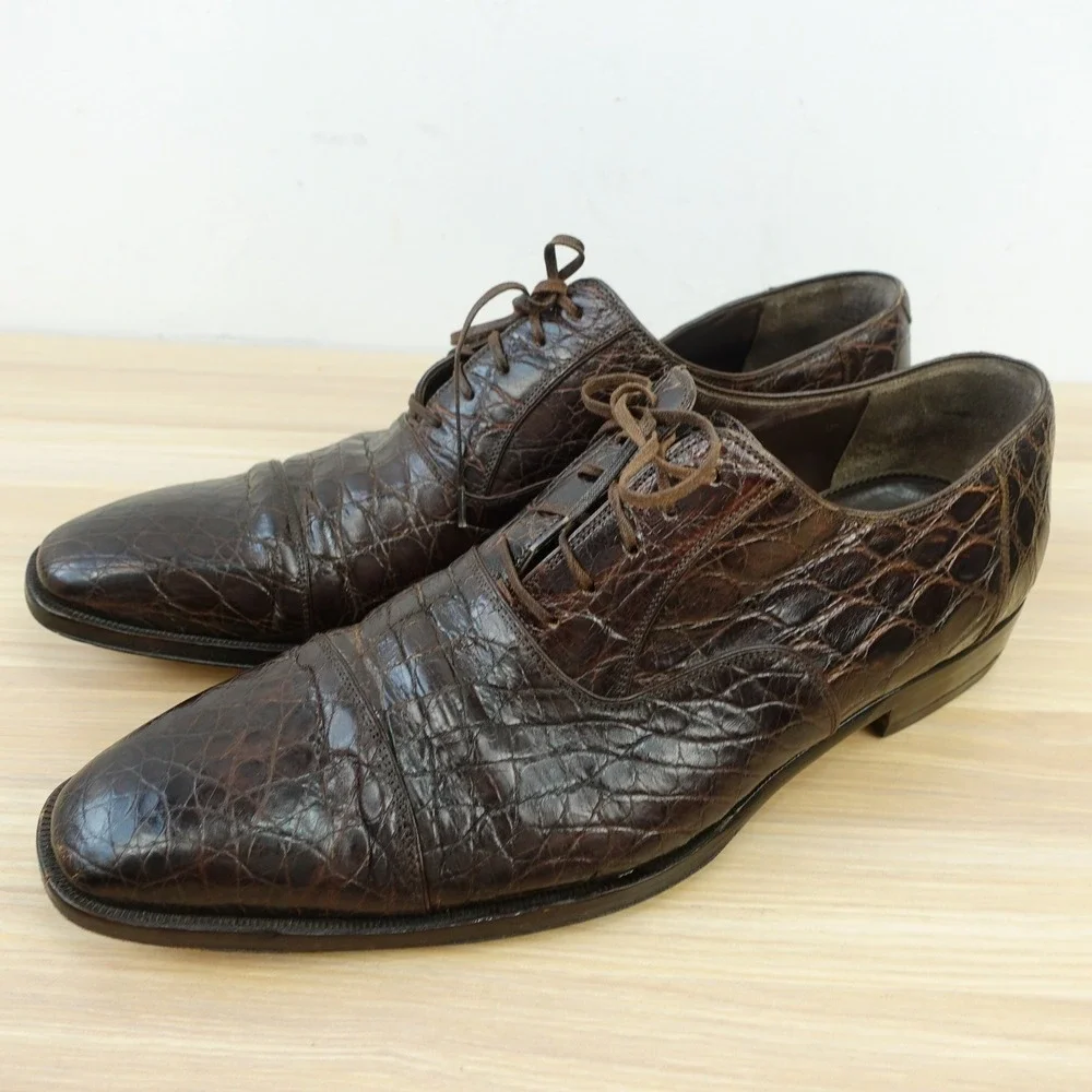 Bergdorf Goodman Crocodile Oxford Dress Shoes Mens 10.5 Brick Brown Luxury $1500